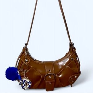 Leather D Vibrant blue Pom pom Keychain Purse charm
